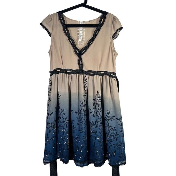 Anthropologie Nick & Mo Blue Ombre Dress Large Midi Tea Length Floral & Lace L - Picture 1 of 7